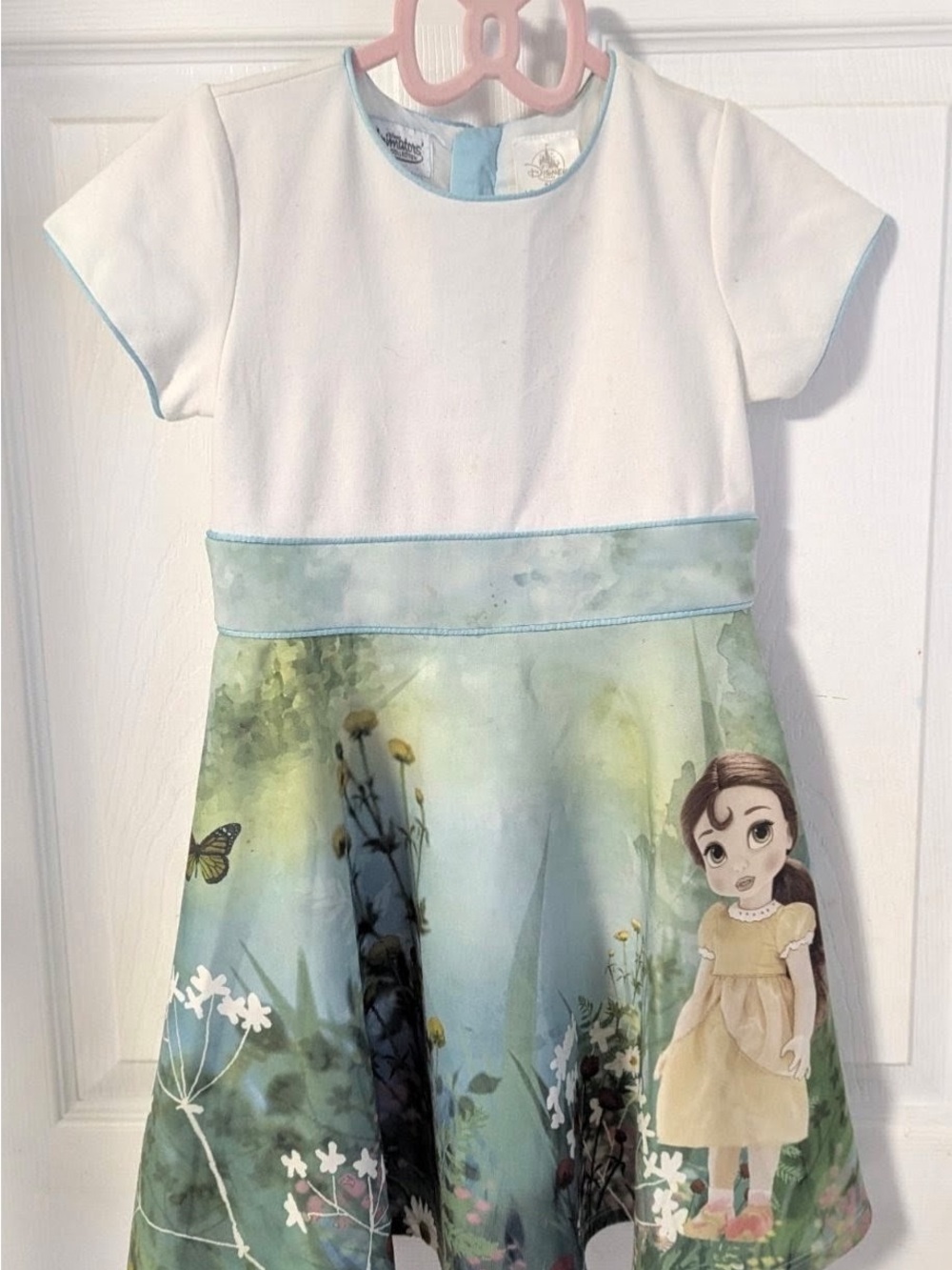 White & Pastel Green Floral Disney animator Belle floral  Print Kids Dress